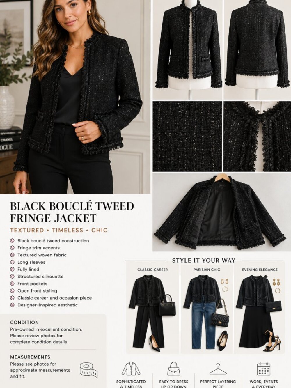 Elie Tahari Bouclé Tweed Jacket Womens Black Fringe Trim Lined Classic Chic
